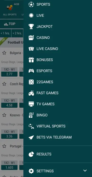 22Bet Android App Menu 22Bet Android App Menu